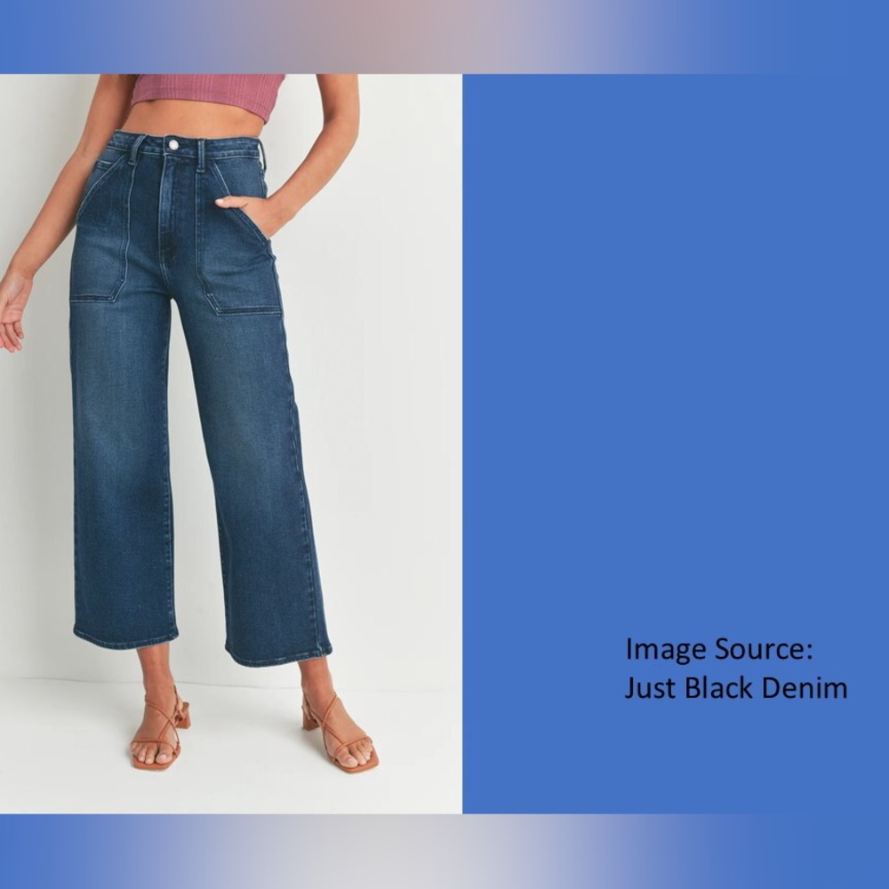 Patch pocket wide leg mid rise jeans, good stretch, 27